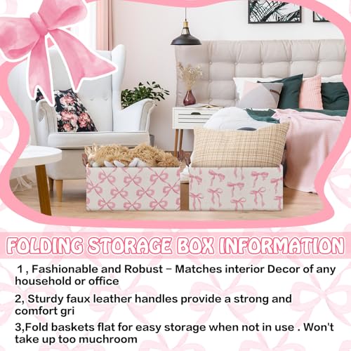 Boao 3 Pcs Coquette Pink Bow Storage Bin Collapsible Large Storage Baskets for Gifts Empty Candy Holiday Decor Canvas Laundry Basket Foldable Box with Handle for Office Home Bedroom Clothes - style: Bow and Cherry