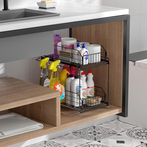 SUEH DESIGN Under Sink Organizers and Storage, 2 Tier Metal Under Sink Storage with Hanging Rail for Kitchen Bathroom Cabinet Organizer, 2 Pack - size: 10.3"W x 15.6"H Wider 2 Pack