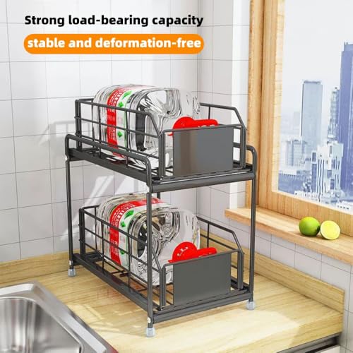 Under Sink Kitchen Storage Organizer, 2 Tier Sliding Cabinet Basket with Pull-Out Drawer, foldable Metal Under Sink Organizers for Bathroom, Pantry, Countertop, Rustproof Multi-Purpose Storage Bins