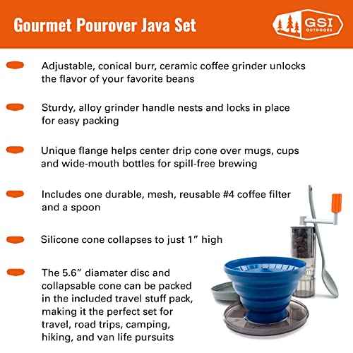 GSI Outdoors Gourmet Pour-Over Java Set I Travel Drip Coffee Set I Reusable Coffee Drip Filter & Collapsible Cone Fits All Coffee Cups & Mugs for Caravan, RV, Camping & Backpacking