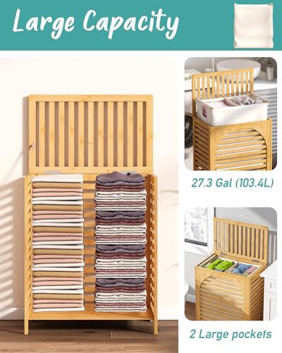 Laundry Hamper with Lid, 27.3 Gallon (103L) Bamboo Wood Clothes Laundry Basket with Lid and Handles, Removable Liner - color: Natural, size: Extra Large