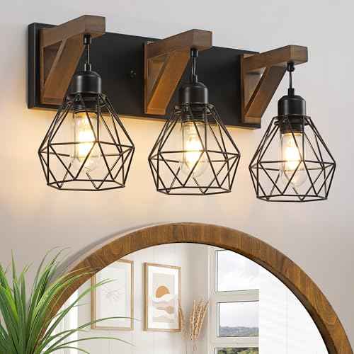 Farmhouse Bathroom Light Fixtures, 3 Light Bathroom Vanity Light, Black Rustic Wood Vanity Lights Wall Sconces with Elegant Metal Lampshade for Living Room, Bedroom, Hallway (Retro Black, 3-Light)