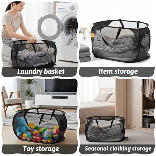 2 Pcs Mesh Popup Laundry Hampers, Opening Laundry Basket with Durable Handles, Breathable Dirty Clothes Hamper, Foldable Pop-up Mesh Hamper with a Small Side Pocket for Home, Laundring Room, Travel