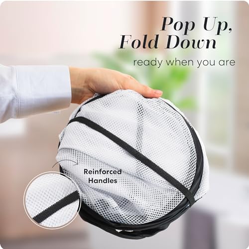 Foldable Laundry Basket - Popup and Collapsible, Durable Mesh Material, Folds for Storage, Easy Carry Handles - Great Hamper for College Dorm, Laundry Room or Travel (White-Black, 2-Compartments)