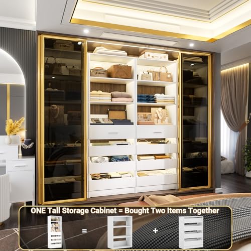 Aheaplus 21.3" Closet System with 4 Drawers, Wood Closet Organizer with Open Shelves, Modular Drawers System Tower, Walk-in Closets Small Wardrobe Rack, Tall Storage Cabinet Unit, White - color: White
