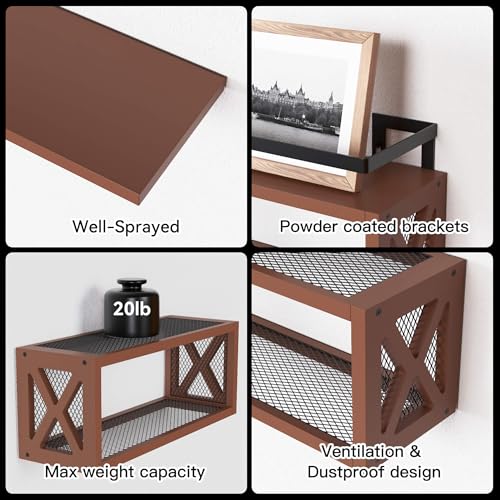 RICHER HOUSE Floating Wood Shelves with Guardrail, Rustic Brown, Wall Mounted, 2 Shelves, Farmhouse Style - color: Rustic Brown