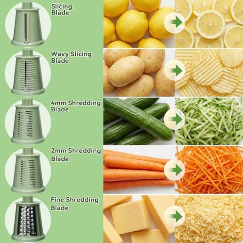 Upgrade Rotary Cheese Grater Shredder with Handle, Strong Suction Base, Multi-purpose Rotary Grater Slicer with 5 Interchangeable Blades for Ice, Vegetables, Fruit, Nuts with Blade Storage Box - color: Green
