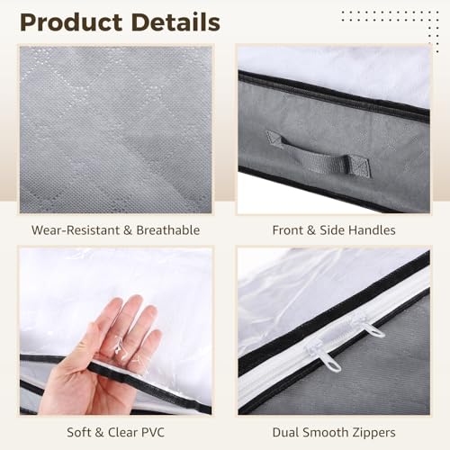 4 PCS Underbed Storage Bins, Foldable Clothes Organizers with Transparent Top, Dual Zipper Closure, Front & Side Handles, Store Clothes, Blankets, Toys, Linens under Couch or Crib