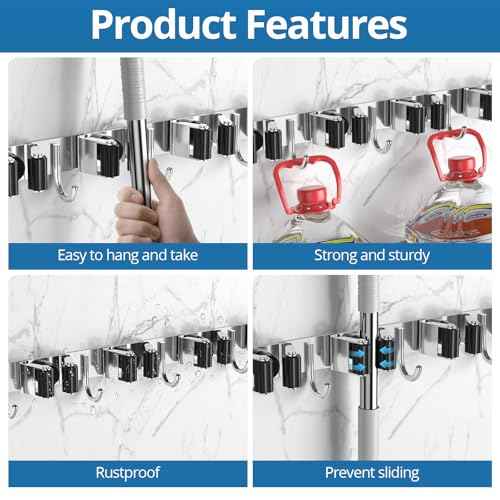 2 Pack Broom Holder Wall Mount Mop and Broom Hanger Broom Organizer Storage Tool Racks Stainless Steel Heavy Duty for Kitchen Garden Laundry Garage (5 Racks with 4 Hooks)
