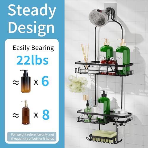DAOYA Shower Caddy Hanging, Anti-Swing Over Head Shower Caddy, Rustproof Bathroom Organizer with Soap Holder & Hooks - color: Black, size: L