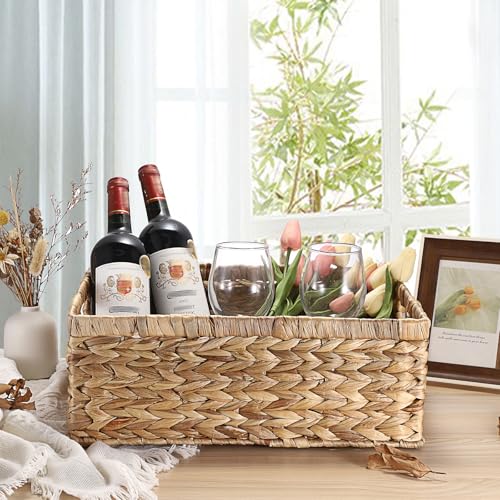 Wicker Basket for Shelf Natural Water Hyacinth Storage Baskets with Built-in Handles Rectangular Handwoven Basket Bin for Bathroom Kitchen Home Decor,16"x12"x6" - size: 16"Lx12"Wx6"H