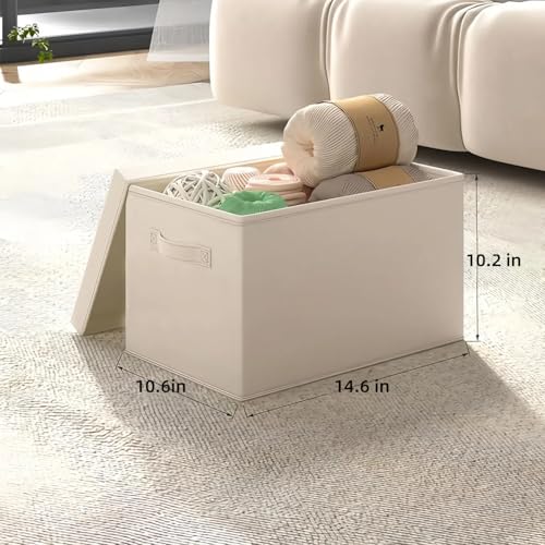 Fabric Storage Bins with Lids 14.6*10.6*10.2 in, 2-Pack Storage Baskets for Closet, Large Linen Organizers and Storage Bins for Bedroom, Collapsible Baskets and Bins with Handles, Off White - size: L