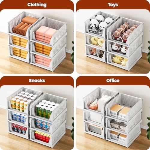Mavivegue Stackable Storage Drawers,Closet Drawers for Closet Shelf Organizers and Wardrobe,5 Pack Open-Front Plastic Storage Bin for Cupboard,Bedroom, Kitchen, Bathroom, Office (White,5L) (4L)