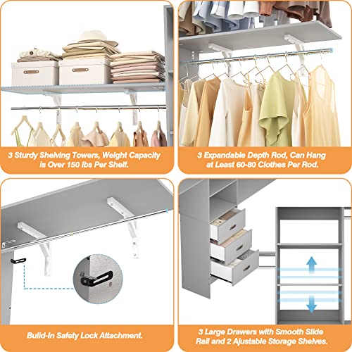 iSunirm 8FT Closet System, 96'' Closet Organizer System with 3 Hanging Rods, Wall Mount Bedroom Wardrobe with 3 Drawers Walk-in Closet, Adjustable Cloth Garment Rack from 5 to 8FT (Cut to Fit), Grey - color: Grey