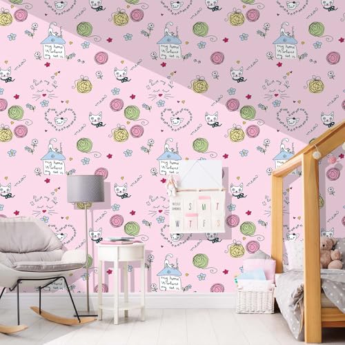 Cute Cat Pink Wallpaper Removable Vinyl Self-Adhesive Sticky Contact Paper for Kids Room Waterproof Wallpaper Perfect Baby Girl Bedroom Boys Room Girly Dollhouse Fun Decoration 17.7"x70.8"