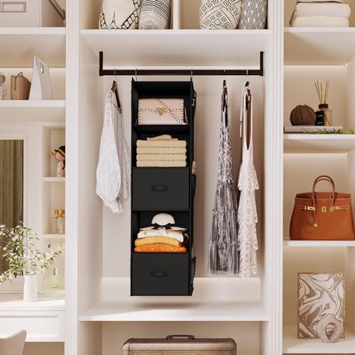 YOUDENOVA Hanging Closet Organizer, 5 Tier Hanging Closet Shelves with 6 Side Pockets and 2 Drawers, Black - color: Black