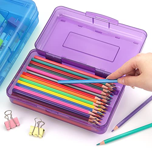 Tamaki 1 Pack Plastic Pencil Box Large Capacity Pencil Boxes Clear Boxes with Snap-tight Lid Stackable Design and Stylish Office Supplies Storage Organizer Box, Purple - color: Purple