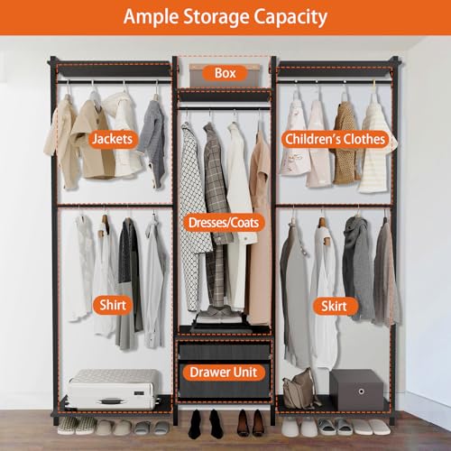 Wall-Mounted Steel & Wood Closet Organizer System with 4 Adjustable Shelves, 5 Hanging Rods, and 2 Drawers – Modern Open Wardrobe, Black - color: BC03-black