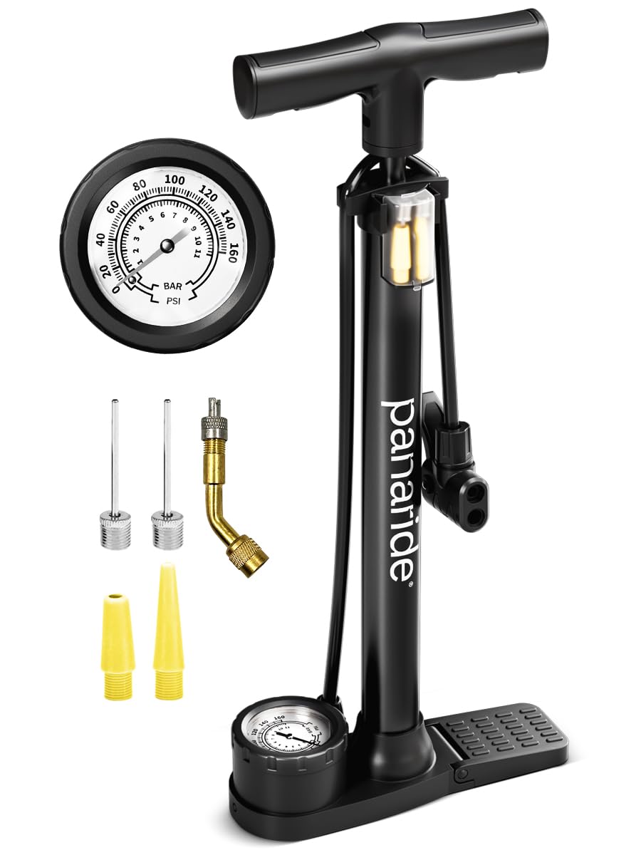 Bike Pump with Gauge - Floor Bike Pumps for Road & Mountain Bikes, Presta & Schrader Valve, 160 PSI, 2-Inch Dial, Includes Needle & Ball Adapters, Foldable Footrest, Angle Adapter