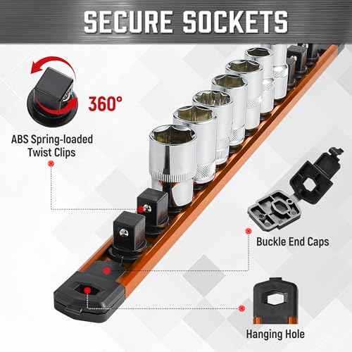 ALOANES 3PC Magnetic Tool Organizer, Heavy Duty Aluminum Rails with 360 Swivel Clips, 3/8-Inch Socket Organizer x 42 Clips (Orange)