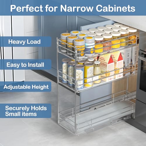 ROOMTEC Pull Out Spice Rack for Narrow Cabinet (7" W X 20½" D),3 Tier Heavy Duty Sliding Spice Cabinet Organization Shelf Racks, Pull Out Shelves Under Cabinet Storage for Kitchen - size: 7" W x 20½" D, 3 Tier, Heavy Duty