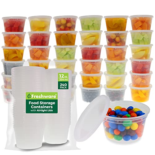 Freshware Food Storage Containers [240 Set] 12 oz Plastic Deli Containers with Lids, Slime, Soup, Meal Prep Containers, BPA Free, Stackable, Leakproof, Microwave, Dishwasher and Freezer Safe - size: 12 oz, 240-Set