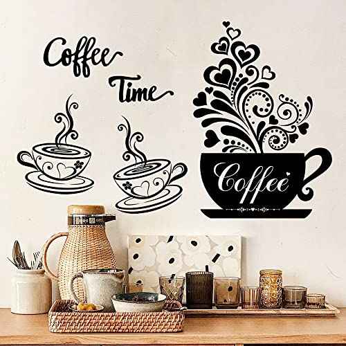 Vinyl Wall Decals - Kitchen Decor Stickers - Black Coffee & Tea Signs - Flower Wall Art - Removable DIY Coffee Sayings - Home Cafe Shop Bar Pub Office