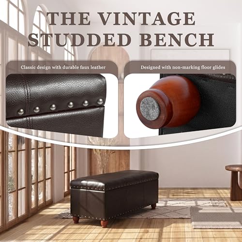 HomePop Espresso Faux Leather Storage Cocktail Bench with Nailhead Trim - color: Espresso Brown