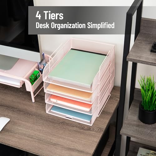 Mind Reader Stackable Paper Tray, Desktop Organizer, File Storage, Office, Metal Mesh, 10.5" L x 13.5" W x 11.25" H, 4 Pcs., Pink - color: Pink