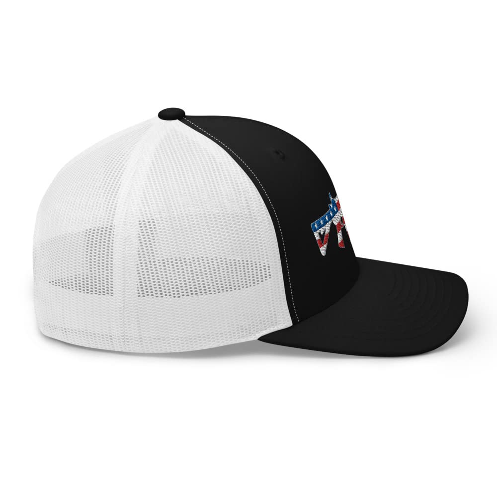 Gunner Gear 2nd Amendment American Flag AR-15 Tactical USA Hat for Men Trucker Style Snapback Yupoong 6606 Black/White