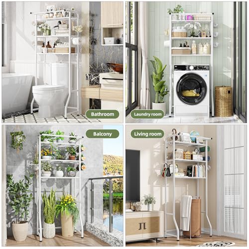Simple Trending 3 Tier Over The Toilet Storage Rack, Metal Bathroom Shelf, Bathroom Stand Organizer Space Saver with Paper Holder and Hooks, White - color: White