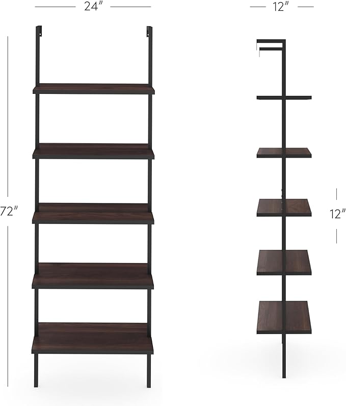 Nathan James Theo 5-Shelf Wood Modern Bookcase, Open Wall Mount Ladder Bookshelf with Industrial Metal Frame, Walnut Brown/Black, Set of 4