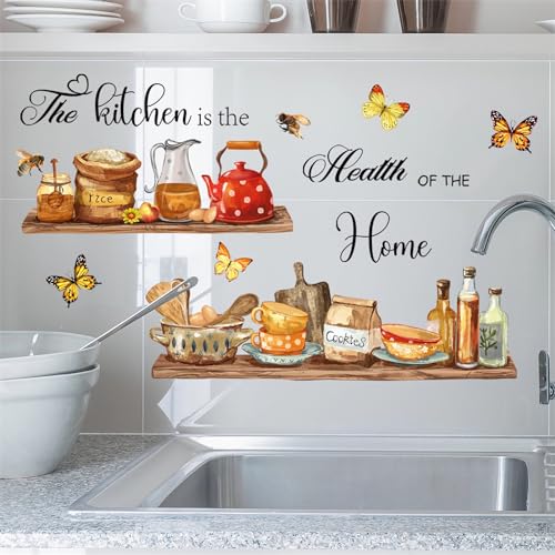 Bowl Kitchenware Utensil Shelf Wall Stickers, sacinora The Kitchen is the Heart of Home Butterfly Bee Wall Decal Removable Vinyl Peel and Stick for Kitchen Dining Restaurant Baking Room Bar Home Decor
