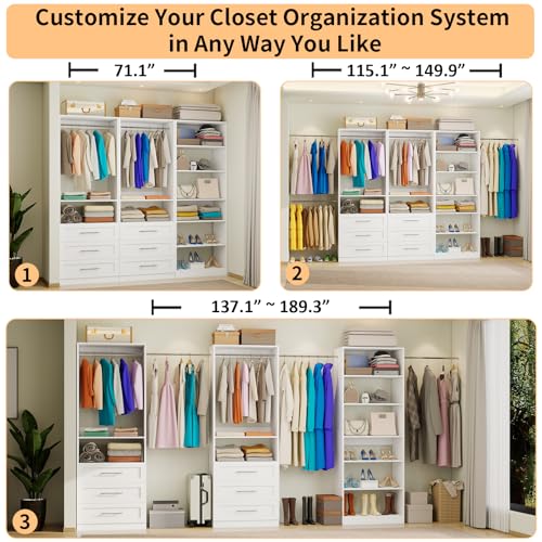 Closet System with 3 Sets, 6-15.8FT Custom Closet Organizer System with 6 Drawers & 8 Shelves & 5 Hanging Rods, Max 189"W Closet Shelving System, Walk in Closet Organizers and Storage System, White