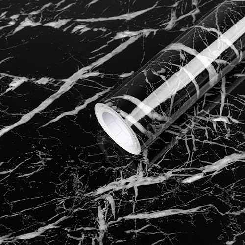Abyssaly Black and White Marble Contact Paper, Granite Kitchen Wallpaper Peel and Stick Countertops, Glossy Self Adhesive Removable Marble Counter Paper Roll for Cabinets 15.7in X 118in