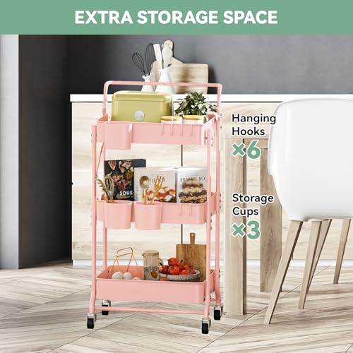 3-Tier Folding Rolling Utility Cart with Wheels, Foldable Storage Cart Organizer with 3 Hanging Cups & 6 Hooks for Kitchen, Office, Living Room, Nursery(Pink) - color: Pink