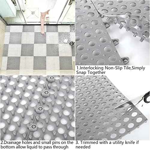 12 Pack 11.8" x 11.8" Interlocking Floor Tiles with Drain Holes Soft PVC Non Slip Shower Floor Mat Modular Interlocking Cushion Mat for Drain, Pool, Patio, Balcony, Kennel, Poultry, Floor Grid, Grey
