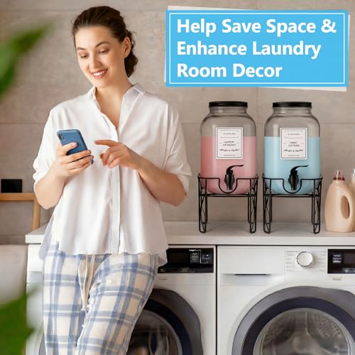 FillTouch 2 Pack 1 Gallon/128 oz Glass Laundry Detergent Dispenser, 3.8 L Liquid Soap Dispenser with Stand, Measuring Cup and Label, Fabric Softener, Liquid Bleach Container, Laundry Room Organization