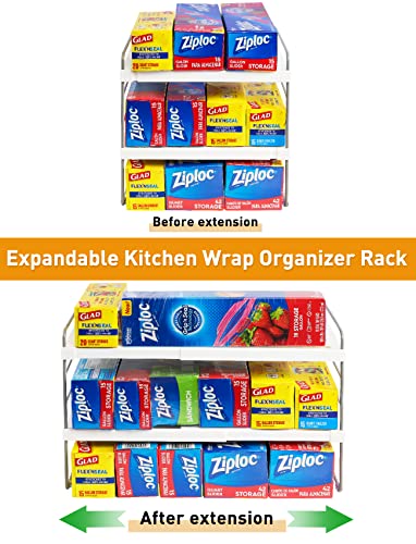 2 Pack Pantry Organization and Storage, Expandable Foil and Plastic Wrap Organizer, Adjustable Kitchen Wrap Organizer Rack for Cabinet, Foil Saran Wrap Holder Shelf for Sandwich Plastic Bags Box, - size: 2 Pack