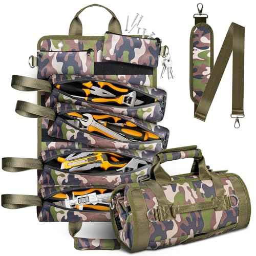 Tool Bag, Heavy Duty Tool Organizer, Portable Tool Pouch for Men, 6 Detachable Pouches, Foldable Carrying Tool Storage, Mechanic & Electrician Dad Birthday Gifts, Camo-Green