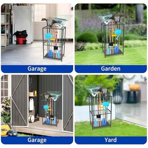 Garden Tool Organizer - Yard Tool Storage and Organizers, Utility Rack with 3 Hooks, Garden Yard Tool Stand Tower Racks, Tool Holder for Broom, Shovel, Rake, Mop, Garage Organization, Black