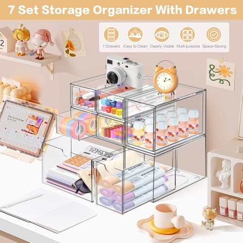 Desk Organizer with 7 Drawers, FODIENS 7 Packs Acrylic Stackable Desktop Storage Drawers Makeup Organizer, Clear Craft Storage Box Cabinets for Office Vanity Countertop Bathroom Bedroom - size: 7 Drawers