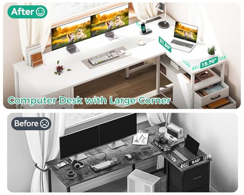 Coleshome L Shaped Computer Desk with 6 Drawers & Power Outlet, 63 Inch Office Desk with Reversible Storage Shelf & File Drawer, Home Office Desk, White - color: White, size: 63 Inch