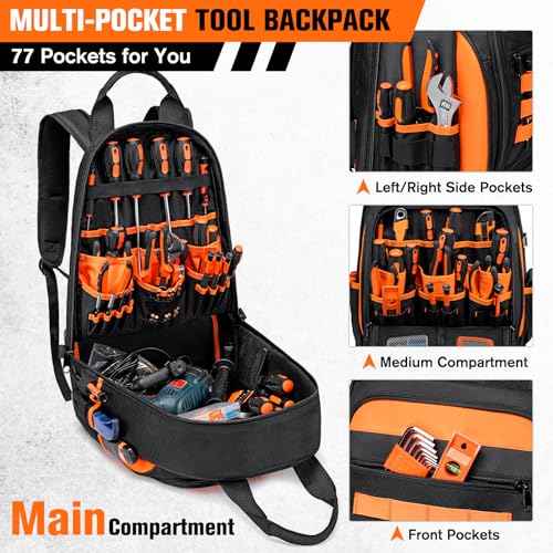 Tool Backpack Heavy Duty for Men Women, 77 Pockets Water-resistant Hvac Tool Bag Backpack Organizer with Waterproof Molded Base, 1680D, Durable Multi-Use Pocket for Electrician Construction