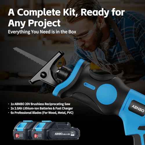 20V Cordless Reciprocating Saw, Brushless Electric Saw with 2 x 2.0Ah Batteries and 6 Blades,Tool-Free Blade Change, Portable Power Reciprocating Saw for Cutting Wood, Metal, PVC