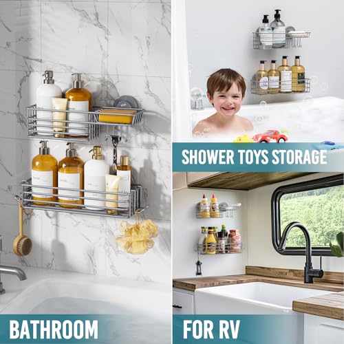 TAILI Shower Caddy Suction Cup 2 Pack with Hooks & Soap Holder, Heavy Duty Shower Organizer for Bathroom, No Drilling Bathroom Organizer with Large Capacity, Metal Storage Holder-Grey - style: 2 × Grey