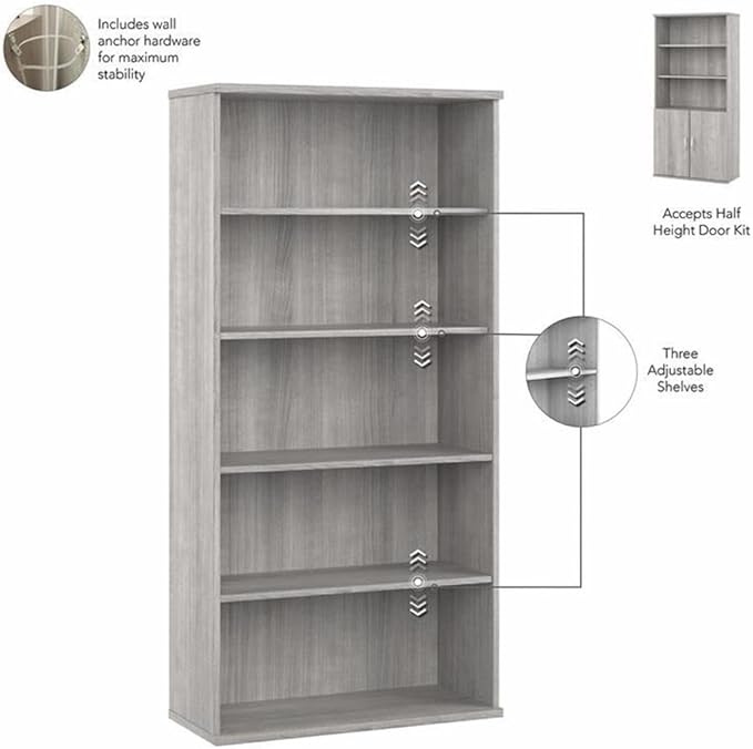 Bush Business Furniture Hybrid Tall 5 Shelf Bookcase in Platinum Gray