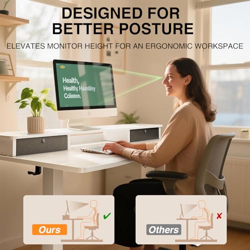 Veken 47.2"×27.6" Home Office Standing Desk with Monitor Riser, Adjustable Computer Desk with Drawers, Ergonomic Desk for Work, Study, Gaming, Crafting, White - color: White