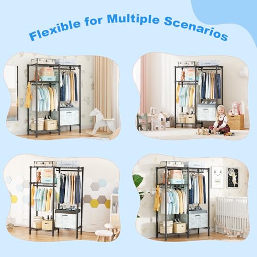 Ulif F1 Garment Rack for Kids, Baby, Students, and Children's Room, 4 Tiers Freestanding and Portable Heavy Duty Closets, Small Metal Clothes Rack with 2 Hanging Rod, 31.2" W x 11.8" D x 48" H, Black - color: Black