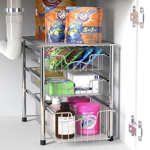 Simple Houseware Stackable 3 Tier Sliding Basket Organizer Drawer, Chrome - color: Chrome, size: 3-tier